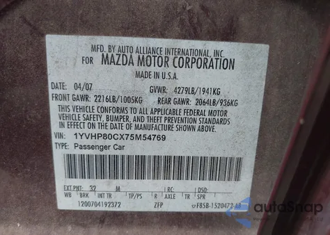 2007 Mazda Mazda6 I Sport Ve from USA, damaged, VIN 1YVHP80CX75M54769